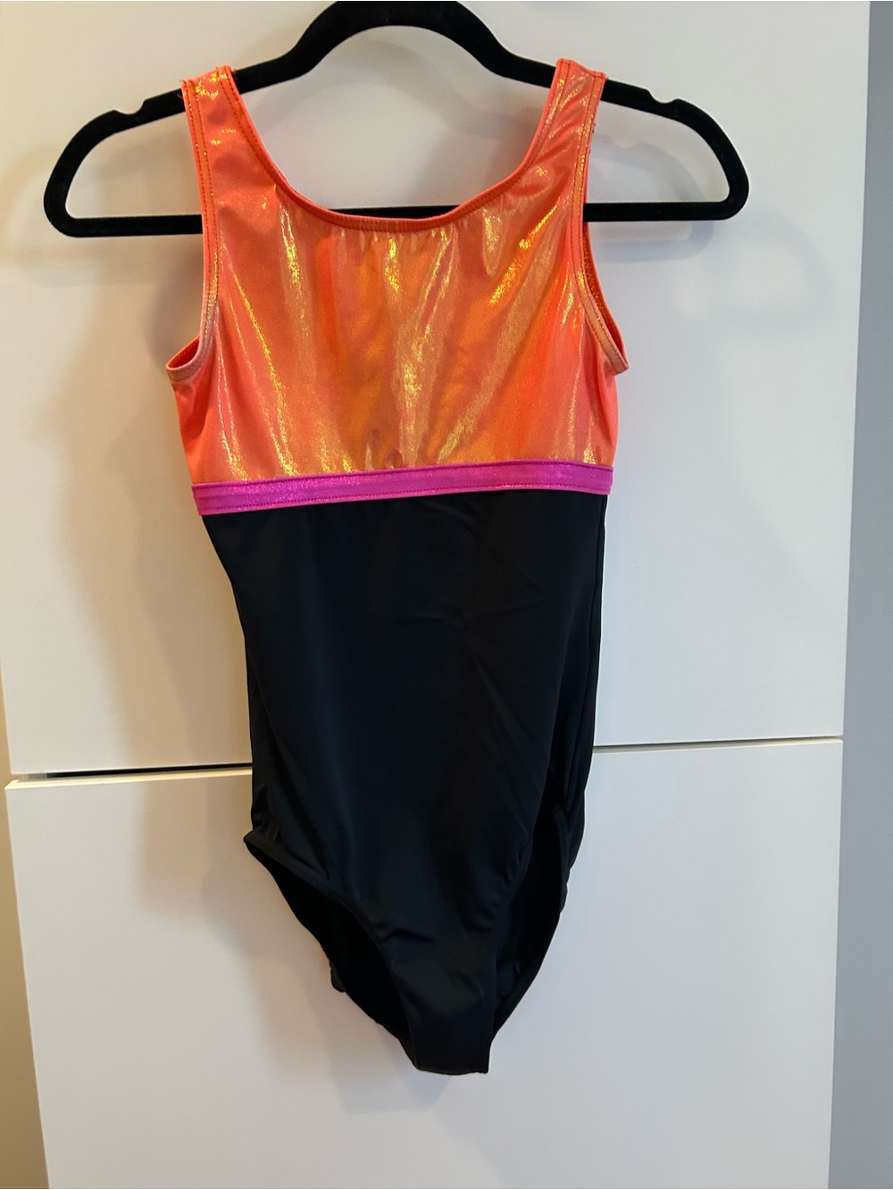 balera Orange Shimmer & Pink Trim Black Tank Leotard - Size LC